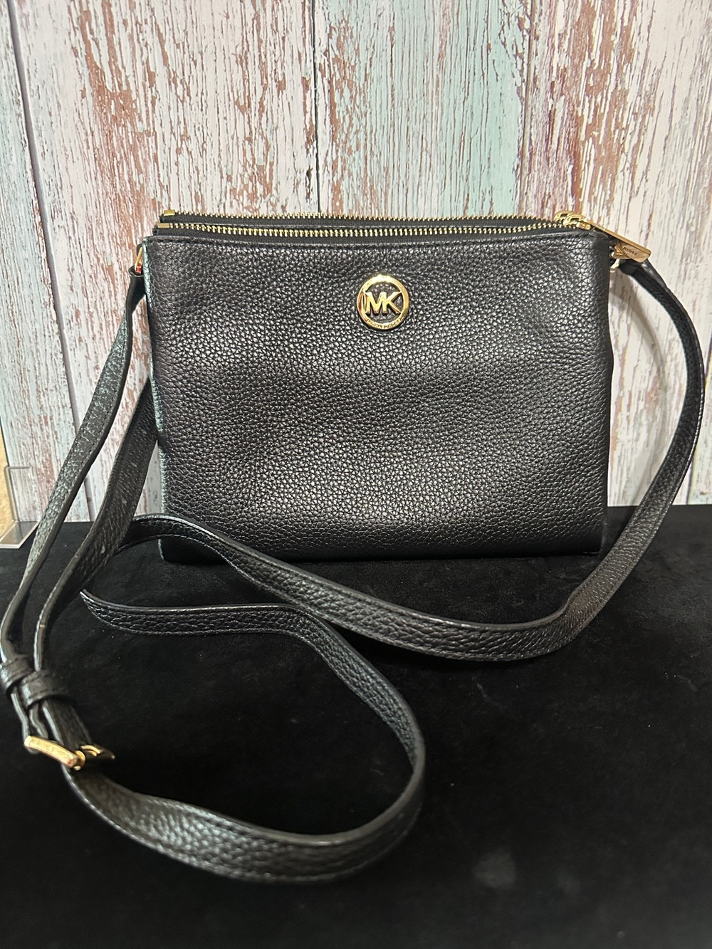 Michael Kors Black Pebbled Leather Crossbody with Gold MK Emblem